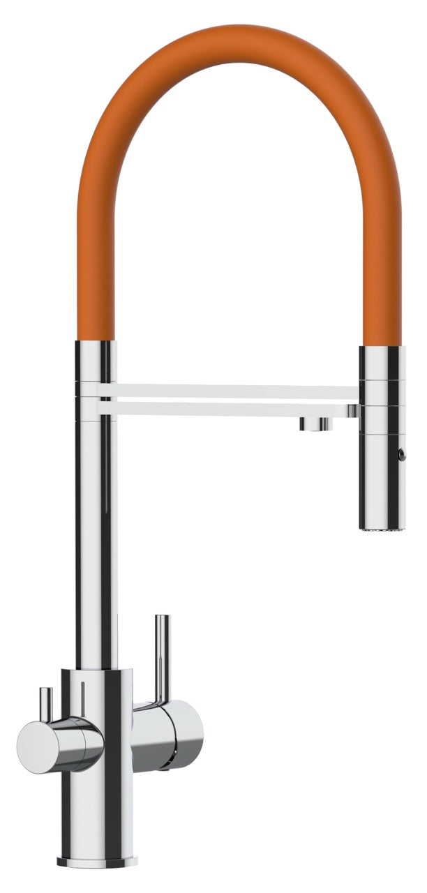 3 Way Kitchen Filter Tap, FL, with 360° swivel spout and 2-jets removable Spray, Chrome / Orange