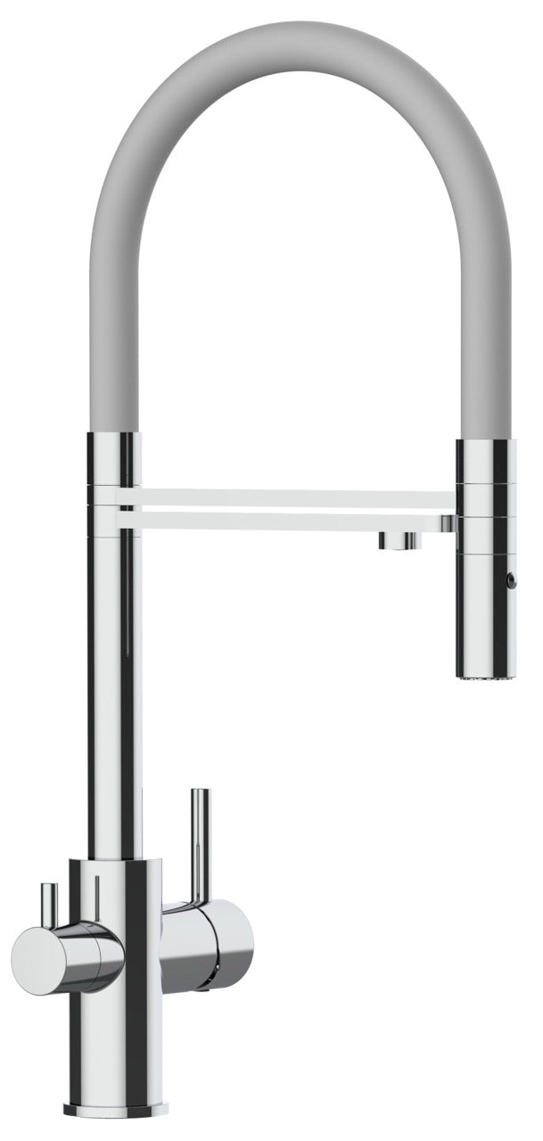 3 Way Kitchen Filter Tap, FL, with 360° swivel spout and 2-jets removable Spray, Chrome / Grey