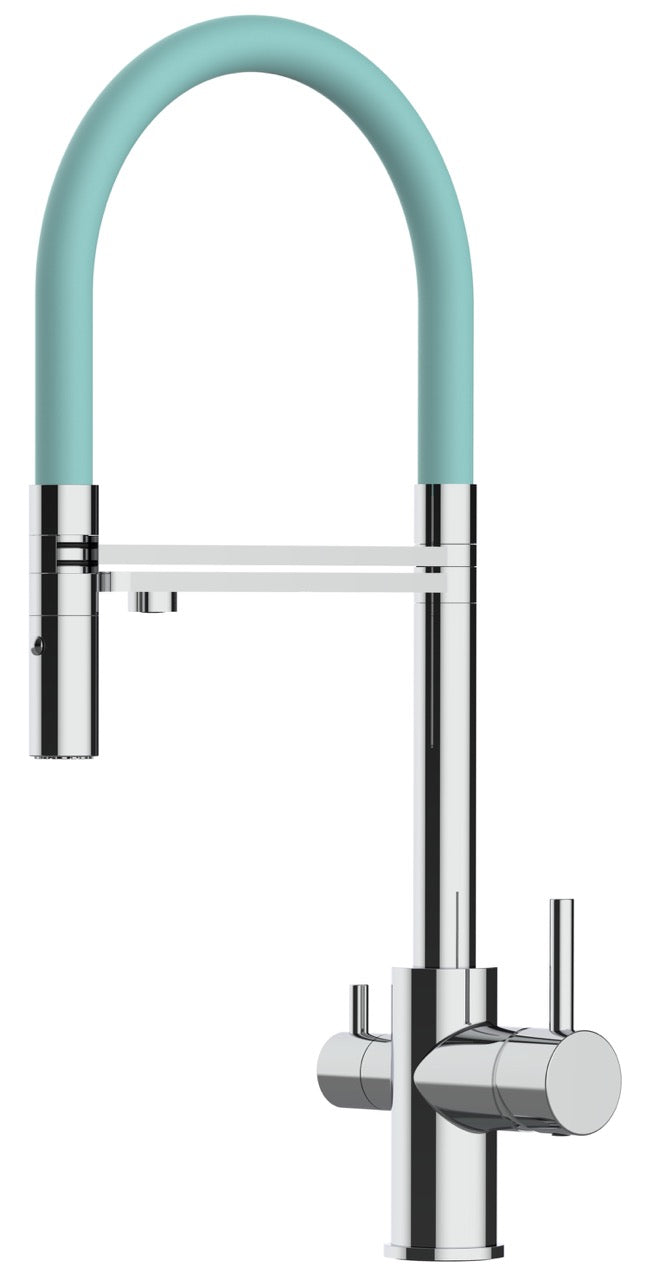 3 Way Kitchen Filter Tap, FL, with 360° swivel spout and 2-jets removable Spray, Chrome / Turquoise