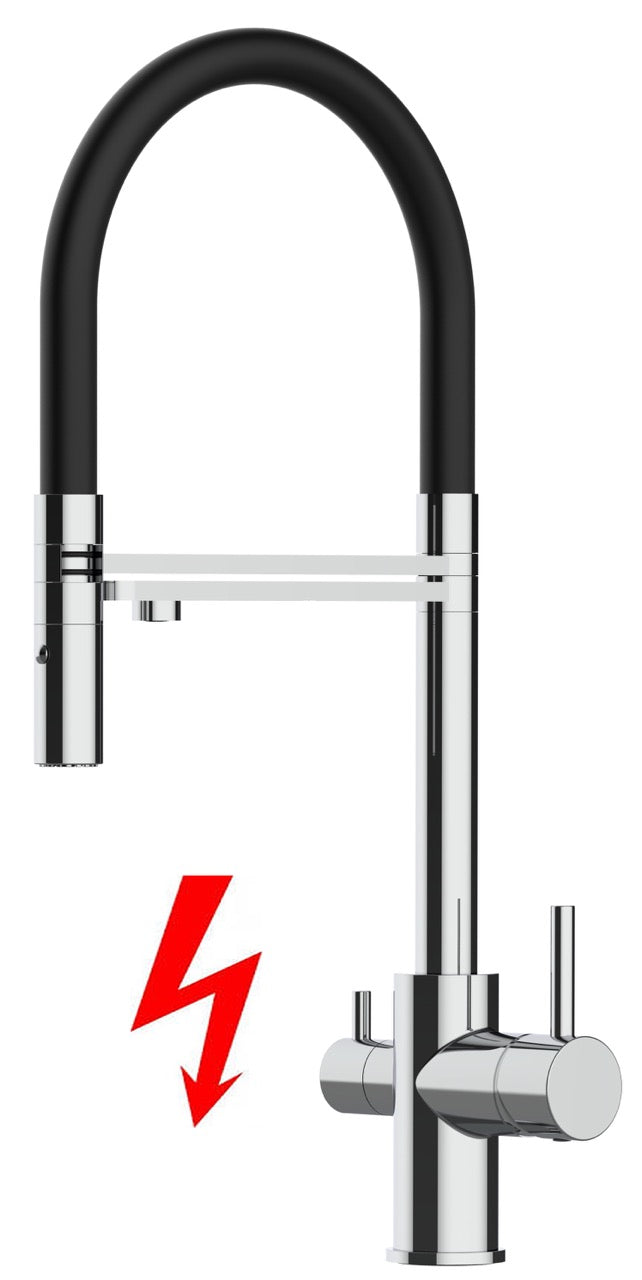 NIEDERDRUCK 3 Wege Wasserhahn Küchenarmatur, FL, mit 360° schwenkbarem Auslauf, abnehmbare 2 strahl Handbrause, Verchromt / Schwarz