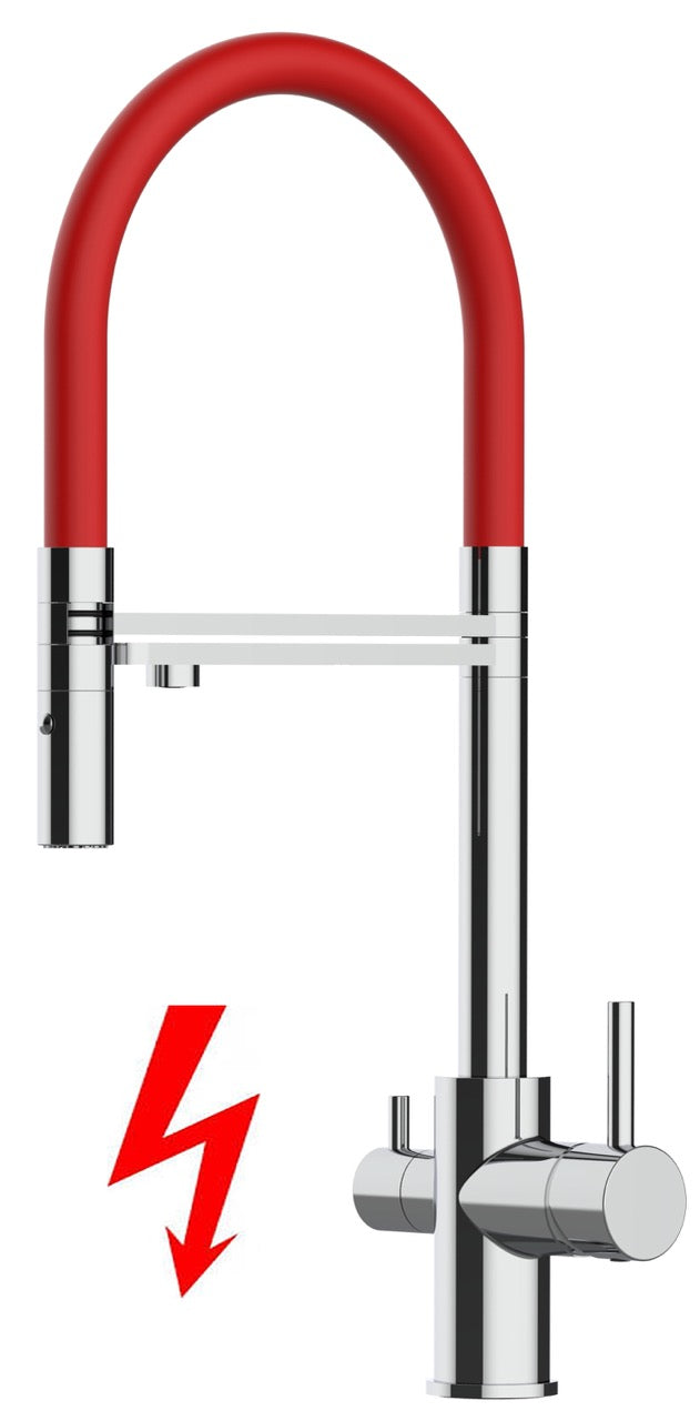 NIEDERDRUCK 3 Wege Wasserhahn Küchenarmatur, FL, mit 360° schwenkbarem Auslauf, abnehmbare 2 strahl Handbrause, Verchromt / Rot