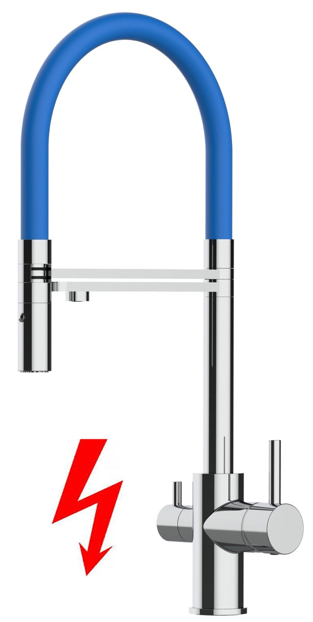 NIEDERDRUCK 3 Wege Wasserhahn Küchenarmatur, FL, mit 360° schwenkbarem Auslauf, abnehmbare 2 strahl Handbrause, Verchromt / Blau