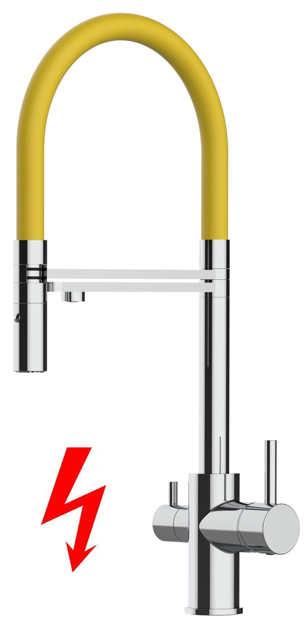 NIEDERDRUCK 3 Wege Wasserhahn Küchenarmatur, FL, mit 360° schwenkbarem Auslauf, abnehmbare 2 strahl Handbrause, Verchromt / Gelb