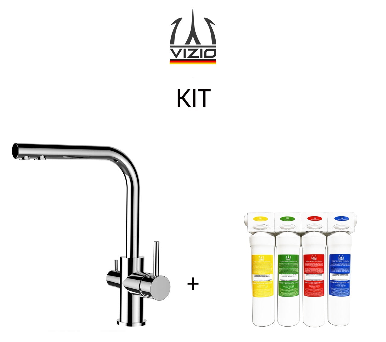 KIT 3 Way Kitchen Filter Tap, FL, with 360° Swivel L-Spout, Chrome + Activated Carbon Water Filter System
