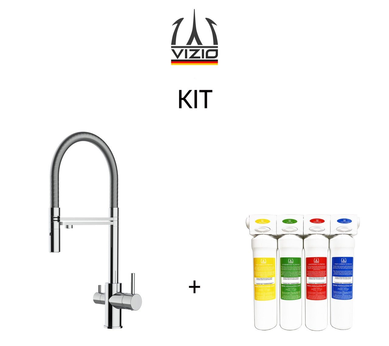 KIT 3 Way Kitchen Filter Tap, FL, with 360° swivel spout and 2-jets removable Spray, Chrome + Activated Carbon Water Filter System