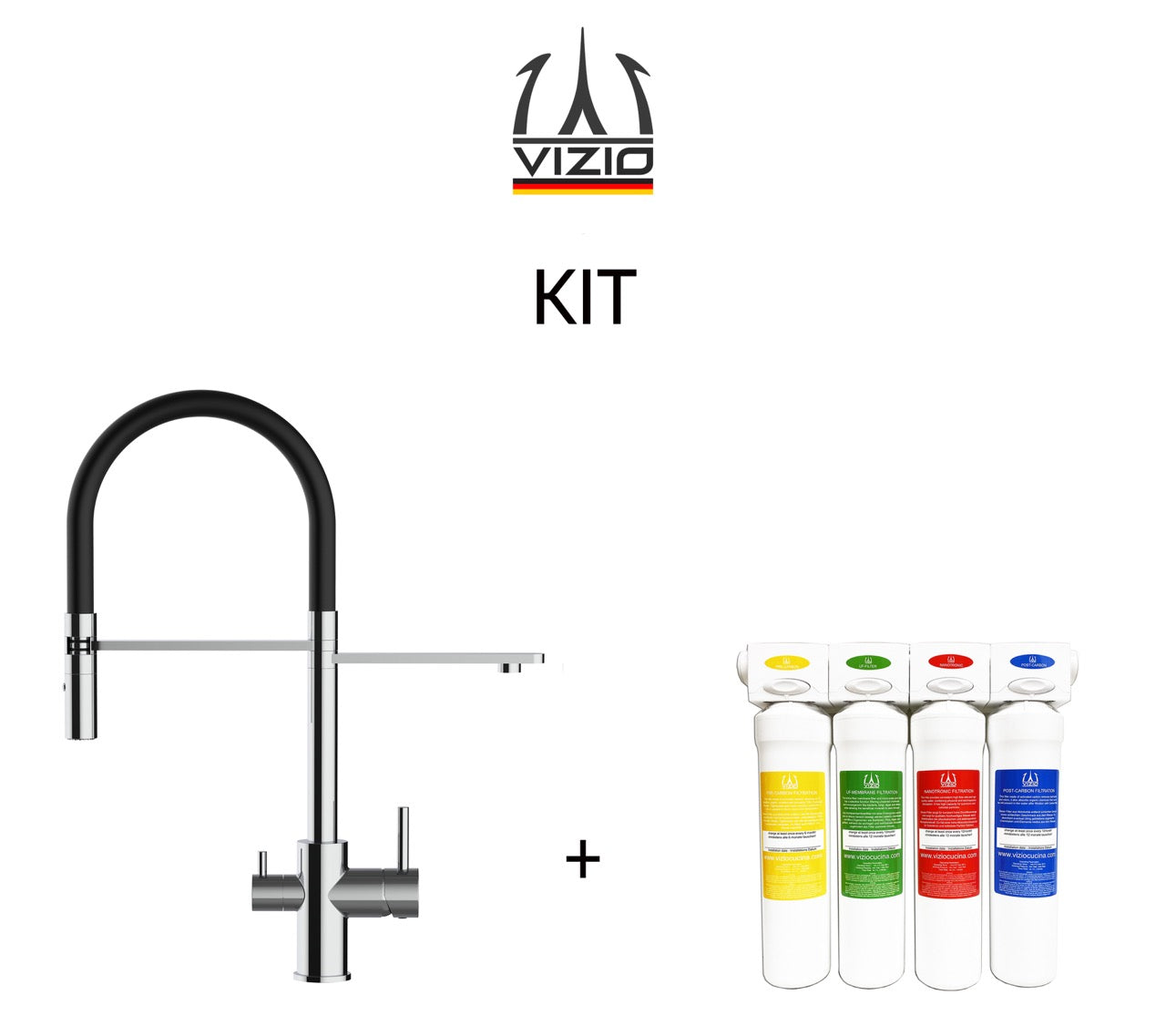 KIT 3 Way Kitchen Filter Tap, FL, with 360° swivel spout and 2-jets removable Spray, Chrome + Activated Carbon Water Filter System