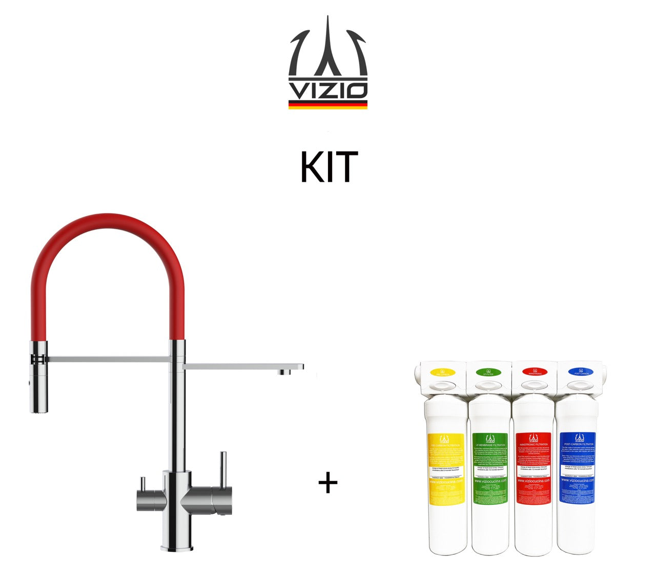KIT 3 Way Kitchen Filter Tap, FL, with 360° swivel spout and 2-jets removable Spray, Chrome + Activated Carbon Water Filter System