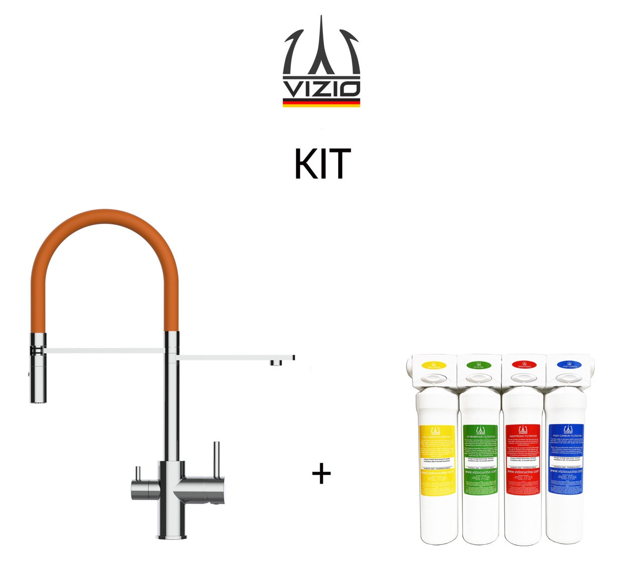KIT 3 Way Kitchen Filter Tap, FL, with 360° swivel spout and 2-jets removable Spray, Chrome + Activated Carbon Water Filter System
