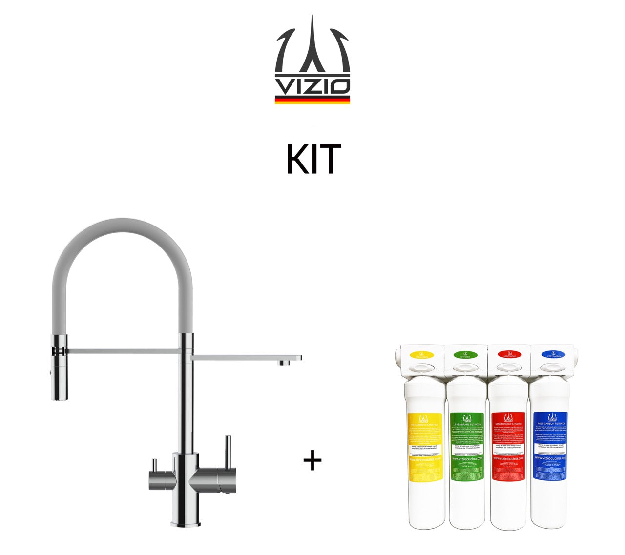 KIT 3 Way Kitchen Filter Tap, FL, with 360° swivel spout and 2-jets removable Spray, Chrome + Activated Carbon Water Filter System