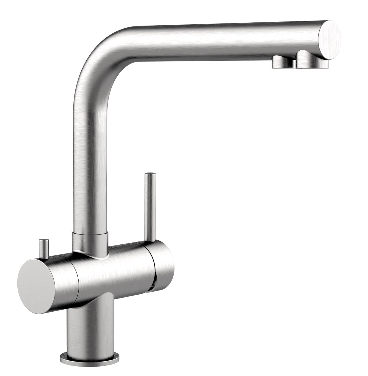 3 Way Kitchen Filter Tap in Solid STAINLESS STEEL, with 360° Swivel L-Spout, Brushed - Short Version