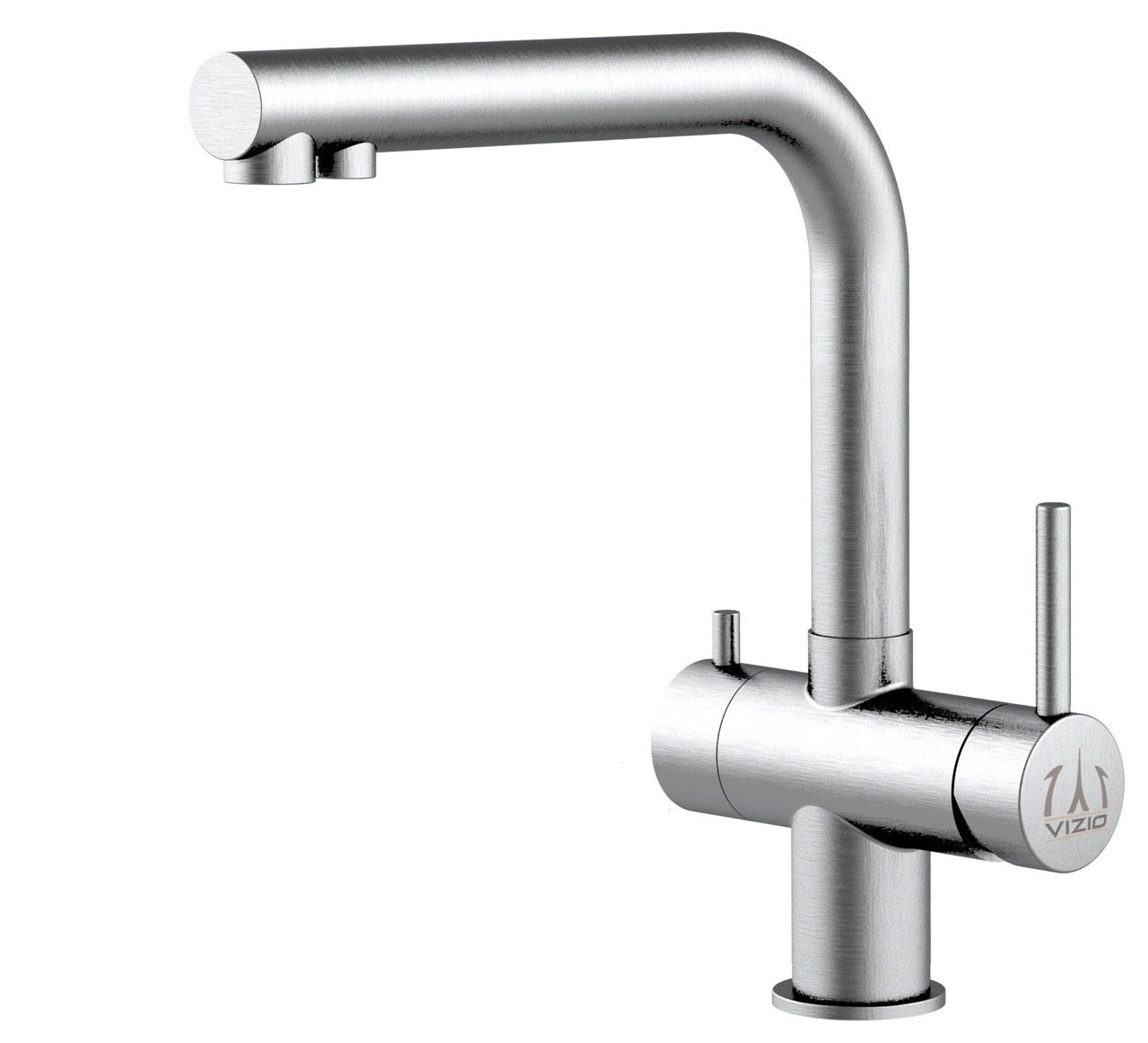 3 Way Kitchen Filter Tap in Solid STAINLESS STEEL, with 360° Swivel L-Spout, Brushed - Short Version