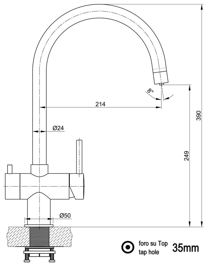3 Way Kitchen Filter Tap in Solid STAINLESS STEEL, with 360° Swivel U-Spout, Brushed