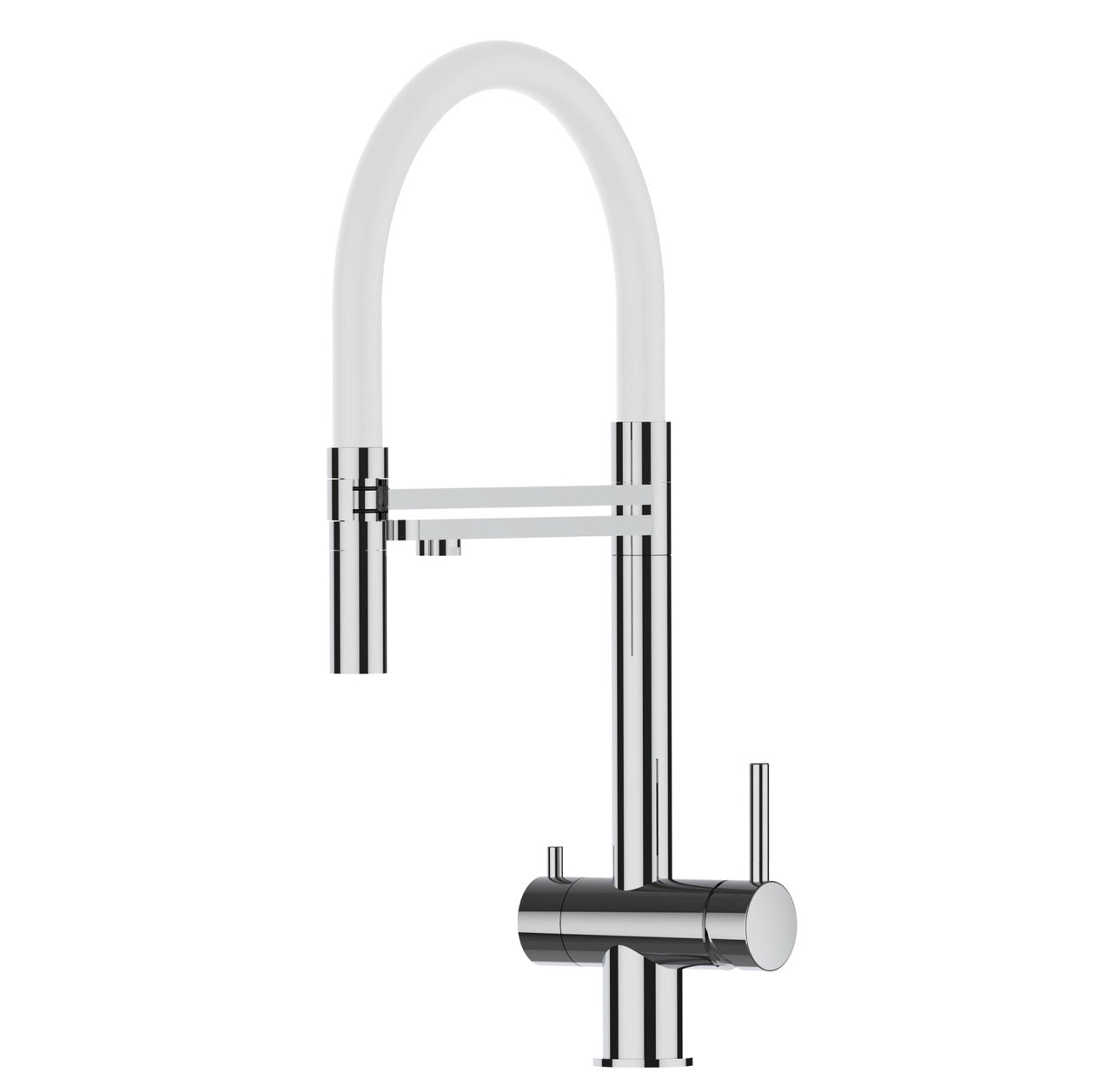 3 Way Kitchen Filter Tap in Solid STAINLESS STEEL, with 360° swivel spout and 2-jets removable Spray, Polished / White