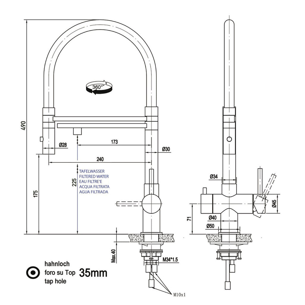 3 Way Kitchen Filter Tap in Solid STAINLESS STEEL, with 360° swivel spout and 2-jets removable Spray, Brushed / Gray