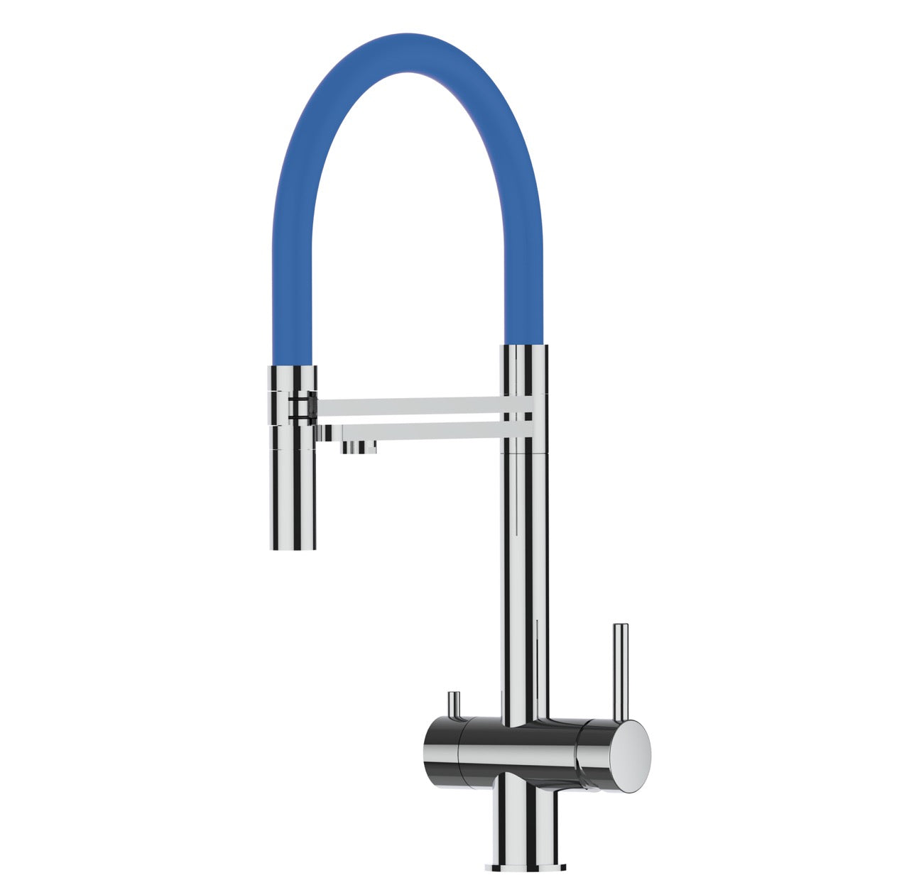 3 Way Kitchen Filter Tap in Solid STAINLESS STEEL, with 360° swivel spout and 2-jets removable Spray, Polished / Blue