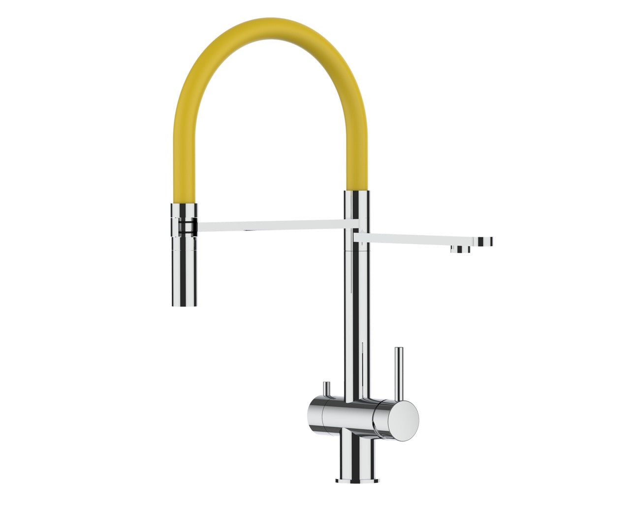 3 Way Kitchen Filter Tap in Solid STAINLESS STEEL, with 360° swivel spout and 2-jets removable Spray, Polished / Yellow