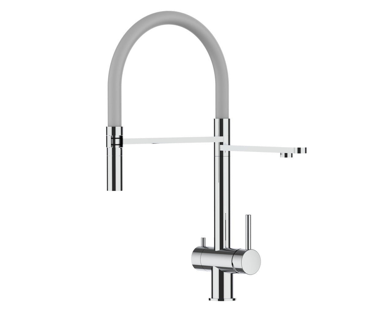3 Way Kitchen Filter Tap in Solid STAINLESS STEEL, with 360° swivel spout and 2-jets removable Spray, Polished / Gray