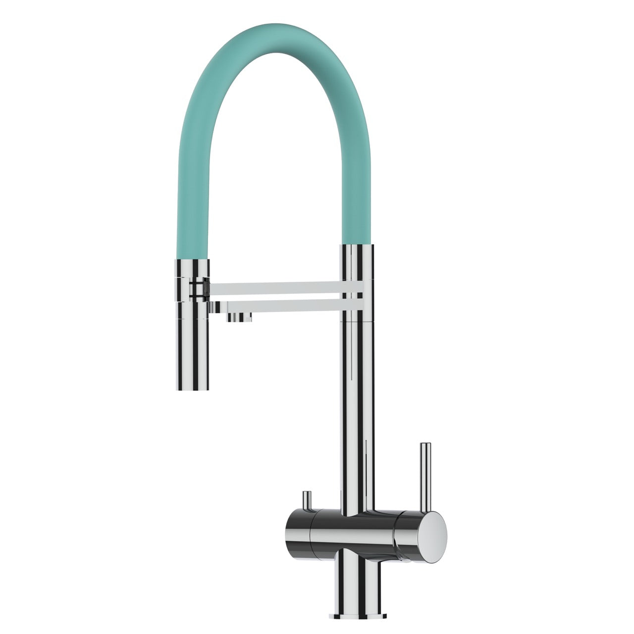 3 Way Kitchen Filter Tap in Solid STAINLESS STEEL, with 360° swivel spout and 2-jets removable Spray, Polished / Turquoise