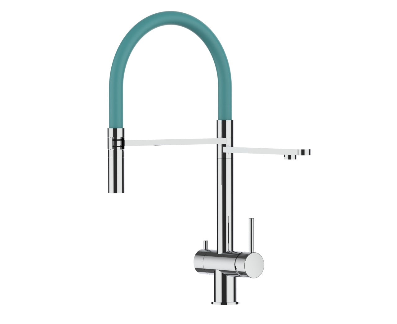 3 Way Kitchen Filter Tap in Solid STAINLESS STEEL, with 360° swivel spout and 2-jets removable Spray, Polished / Turquoise