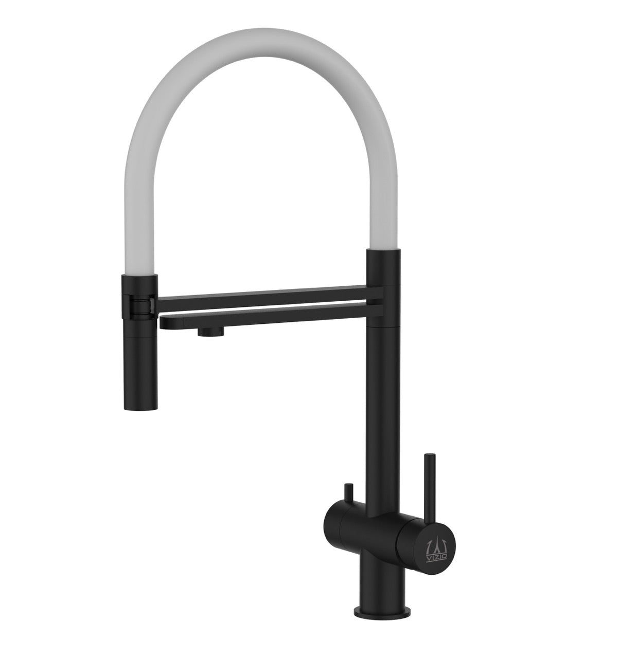 3 Way Kitchen Filter Tap in Solid STAINLESS STEEL, with 360° swivel spout and 2-jets removable Spray, Matt Black PVD / White