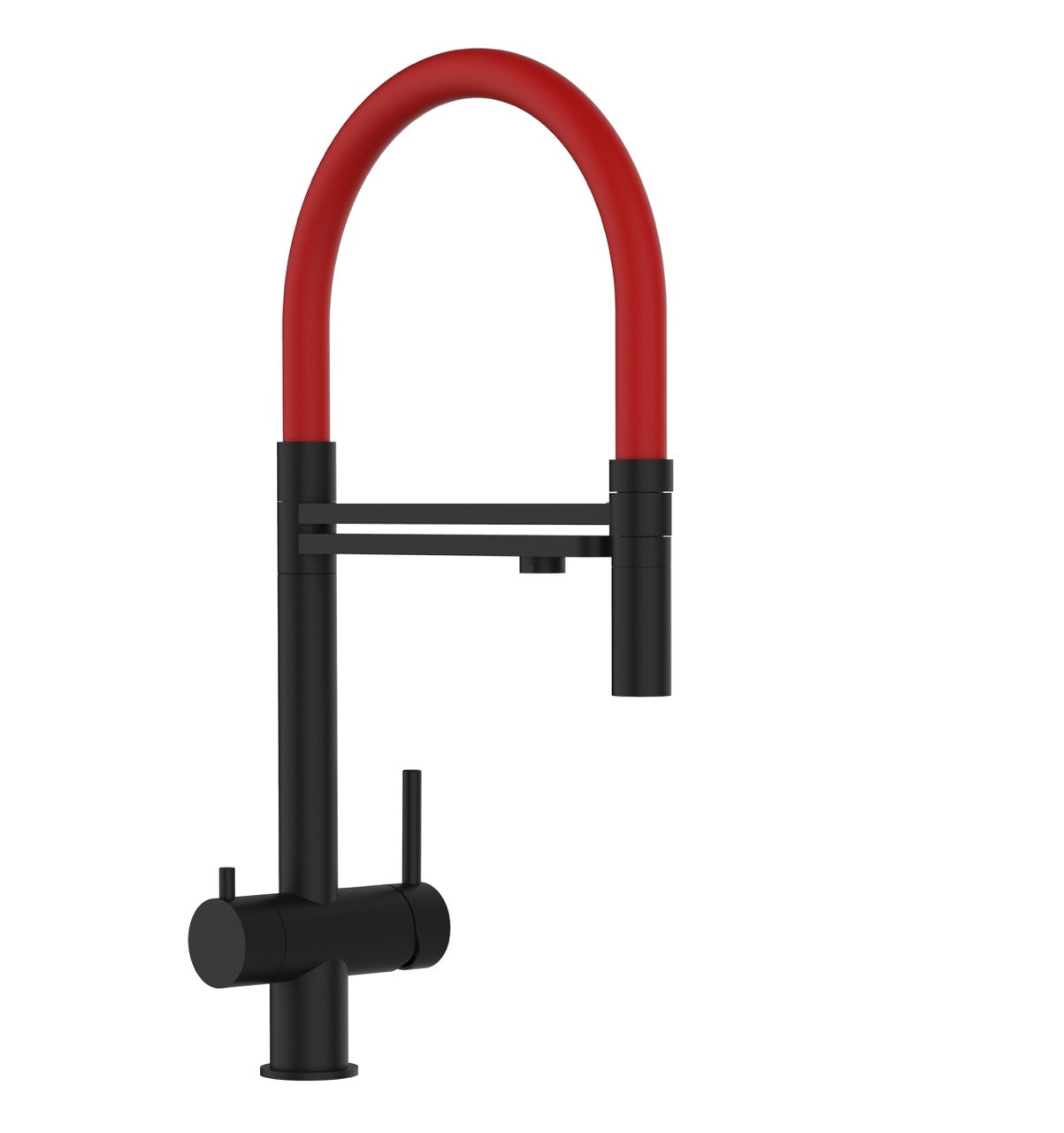 3 Way Kitchen Filter Tap in Solid STAINLESS STEEL, with 360° swivel spout and 2-jets removable Spray, Matt Black PVD / Red