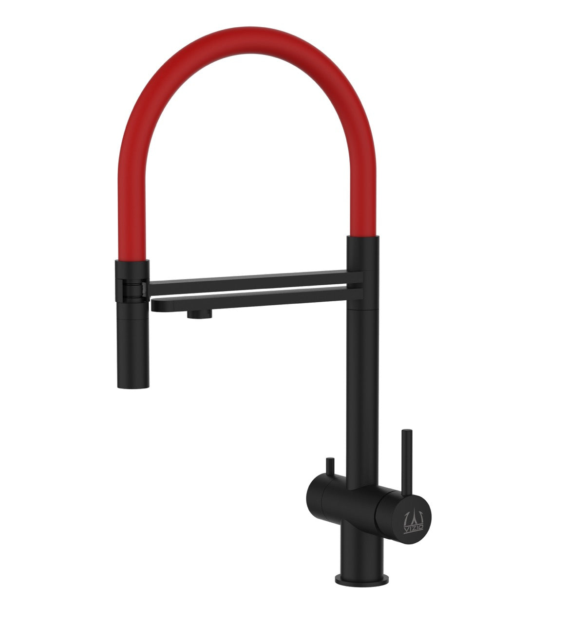 3 Way Kitchen Filter Tap in Solid STAINLESS STEEL, with 360° swivel spout and 2-jets removable Spray, Matt Black PVD / Red