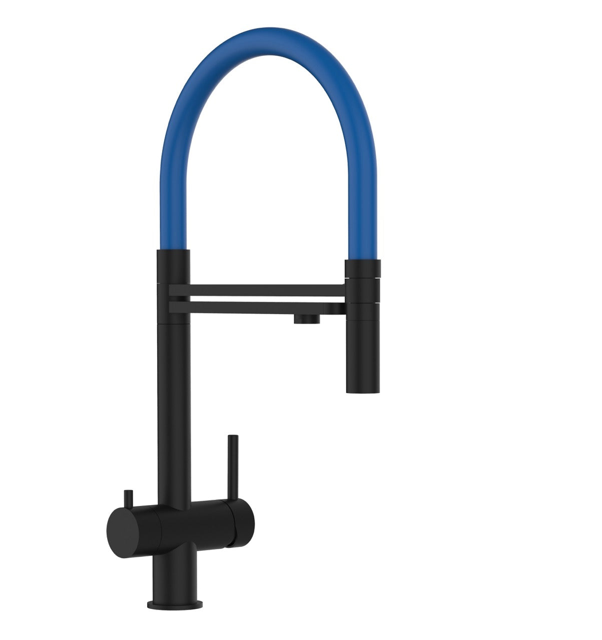 3 Way Kitchen Filter Tap in Solid STAINLESS STEEL, with 360° swivel spout and 2-jets removable Spray, Matt Black PVD / Blue