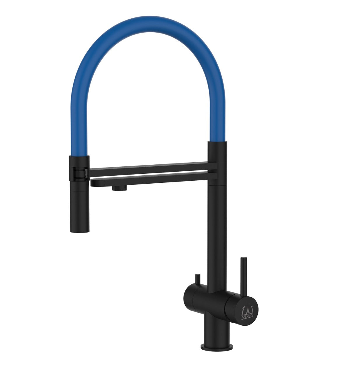 3 Way Kitchen Filter Tap in Solid STAINLESS STEEL, with 360° swivel spout and 2-jets removable Spray, Matt Black PVD / Blue