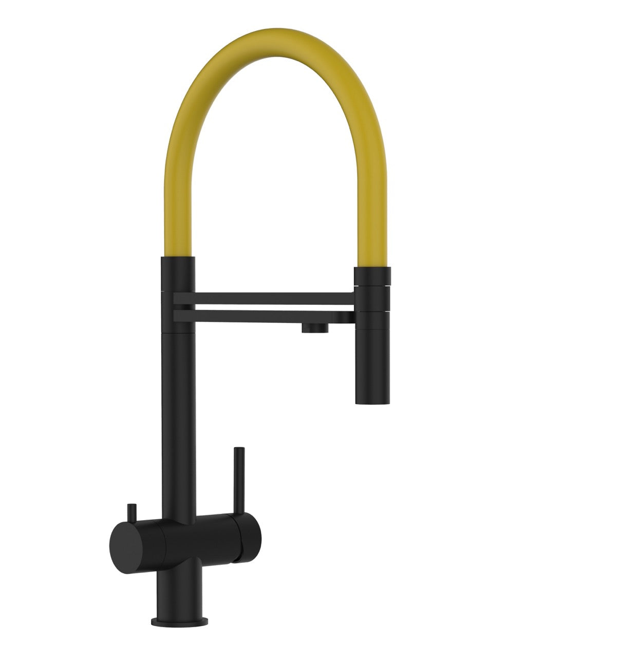 3 Way Kitchen Filter Tap in Solid STAINLESS STEEL, with 360° swivel spout and 2-jets removable Spray, Matt Black PVD / Yellow