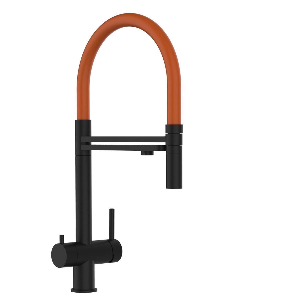 3 Way Kitchen Filter Tap in Solid STAINLESS STEEL, with 360° swivel spout and 2-jets removable Spray, Matt Black PVD / Orange