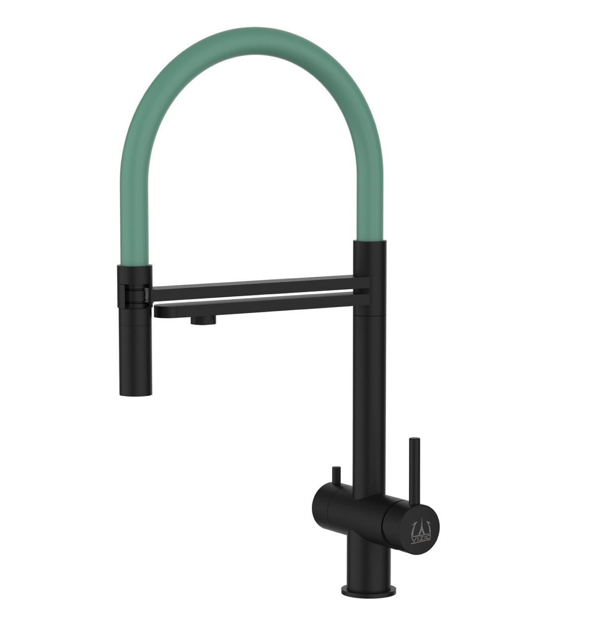 3 Way Kitchen Filter Tap in Solid STAINLESS STEEL, with 360° swivel spout and 2-jets removable Spray, Matt Black PVD / Turquoise