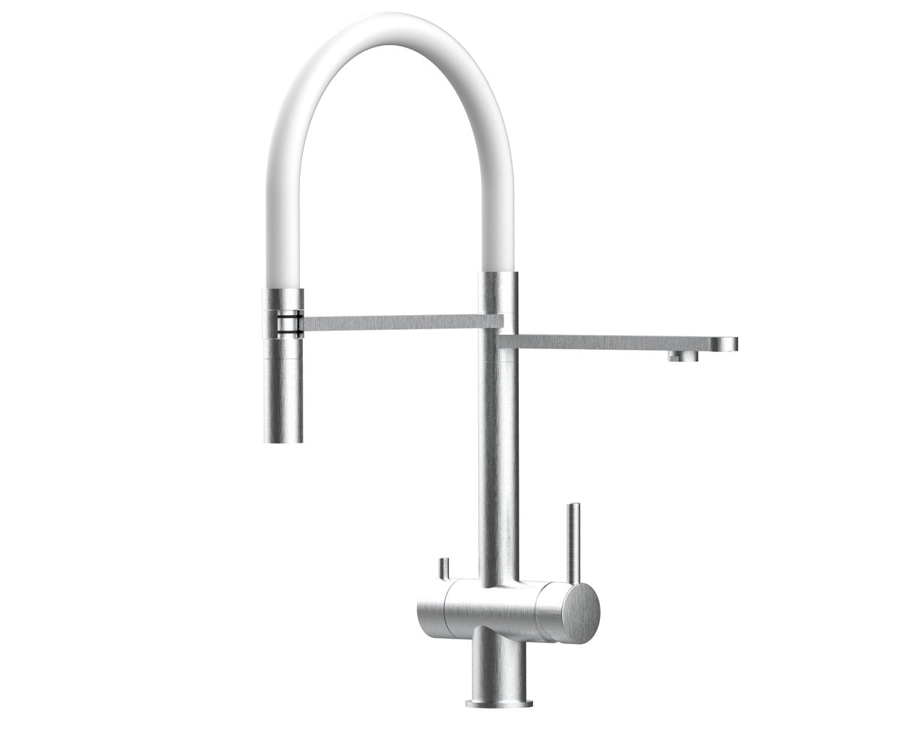 3 Way Kitchen Filter Tap in Solid STAINLESS STEEL, with 360° swivel spout and 2-jets removable Spray, Brushed / White