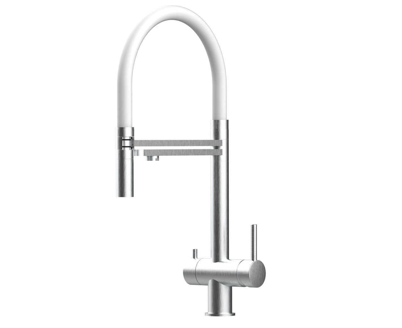 3 Way Kitchen Filter Tap in Solid STAINLESS STEEL, with 360° swivel spout and 2-jets removable Spray, Brushed / White