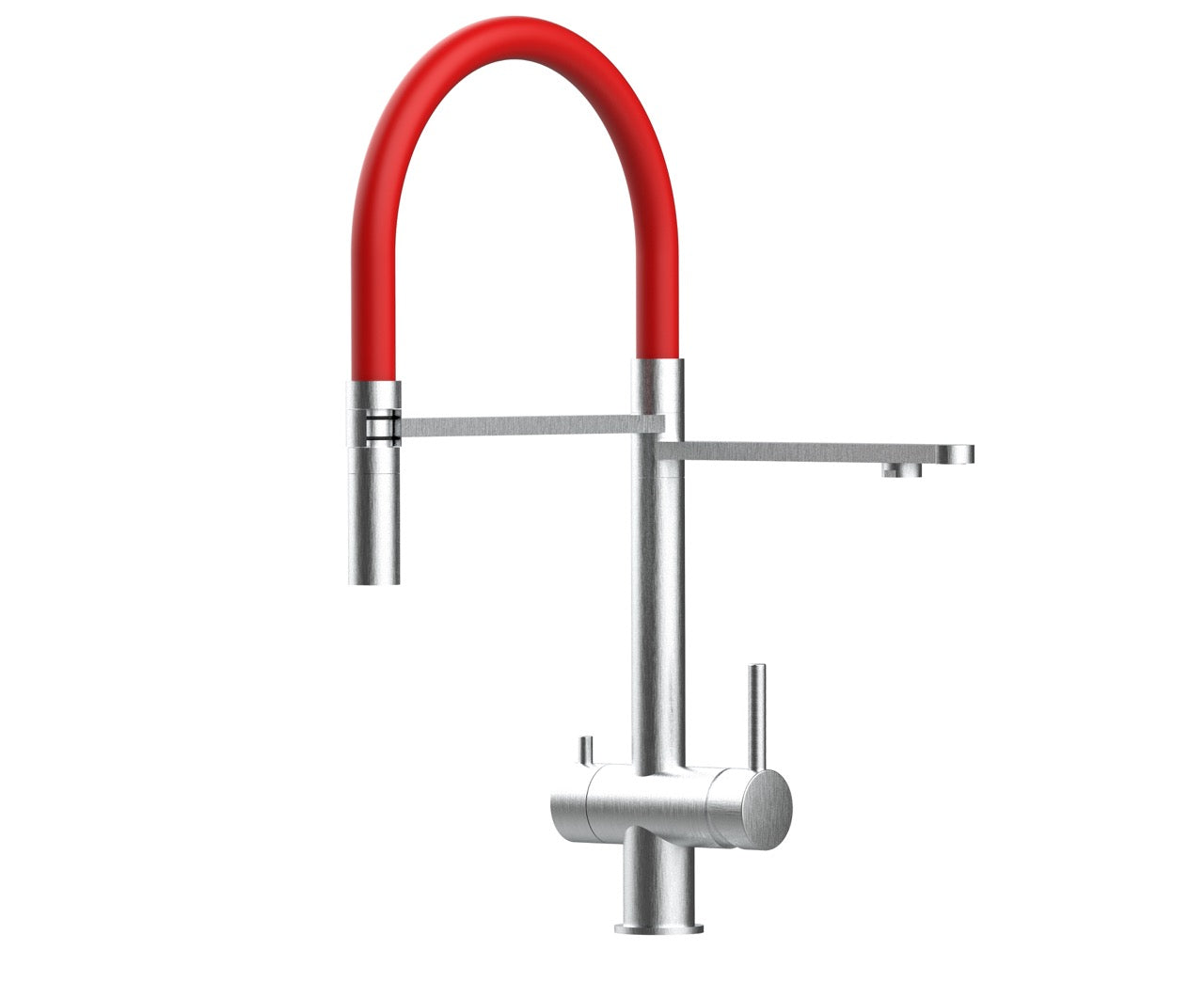 3 Way Kitchen Filter Tap in Solid STAINLESS STEEL, with 360° swivel spout and 2-jets removable Spray, Brushed / Red