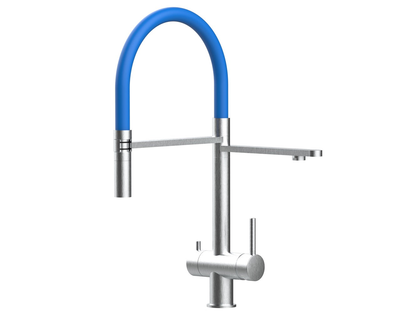 3 Way Kitchen Filter Tap in Solid STAINLESS STEEL, with 360° swivel spout and 2-jets removable Spray, Brushed / Blue
