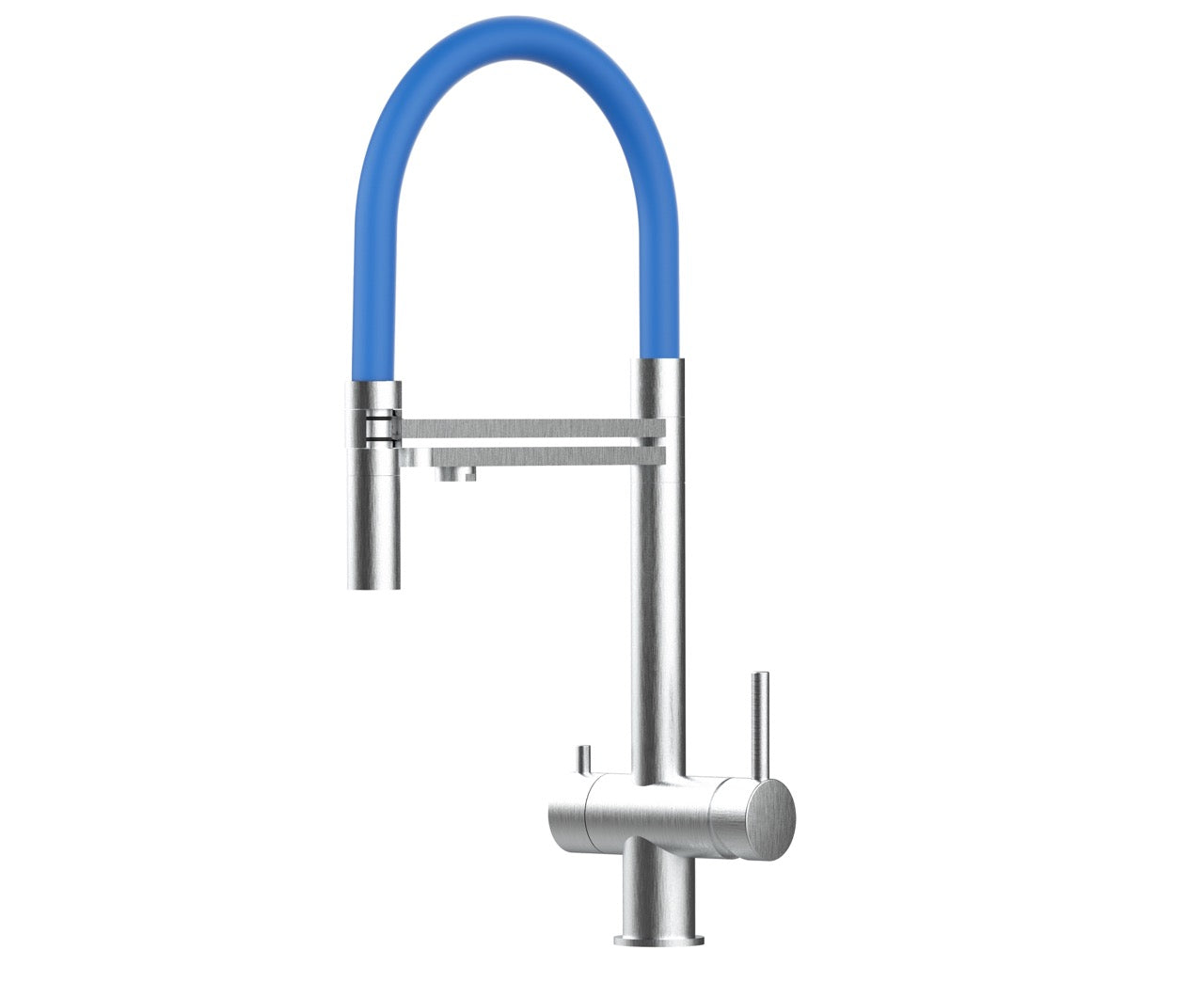 3 Way Kitchen Filter Tap in Solid STAINLESS STEEL, with 360° swivel spout and 2-jets removable Spray, Brushed / Blue
