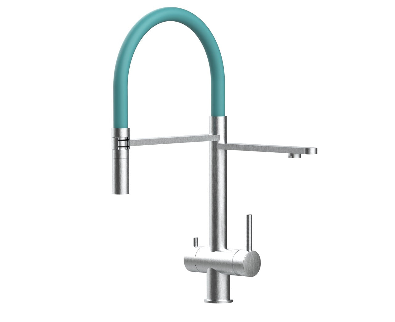 3 Way Kitchen Filter Tap in Solid STAINLESS STEEL, with 360° swivel spout and 2-jets removable Spray, Brushed / Turquoise