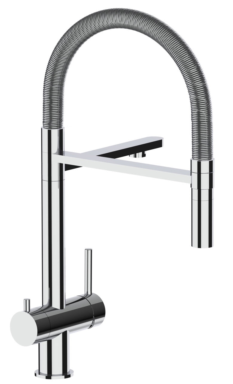 3 Way Kitchen Filter Tap in Solid STAINLESS STEEL, with 360° swivel spout and 2-jets removable Spray, Polished / Stainless Steel Spring - Short version 45CM
