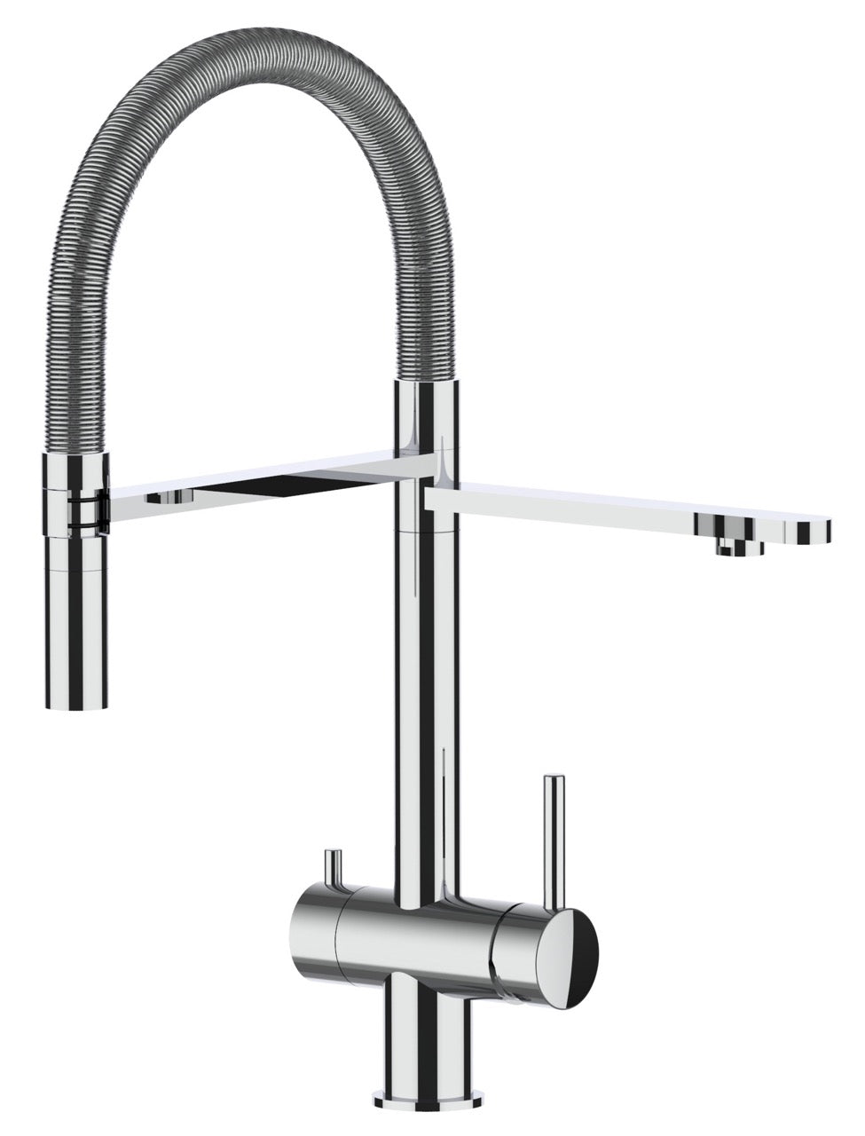 3 Way Kitchen Filter Tap in Solid STAINLESS STEEL, with 360° swivel spout and 2-jets removable Spray, Polished / Stainless Steel Spring - Short version 45CM