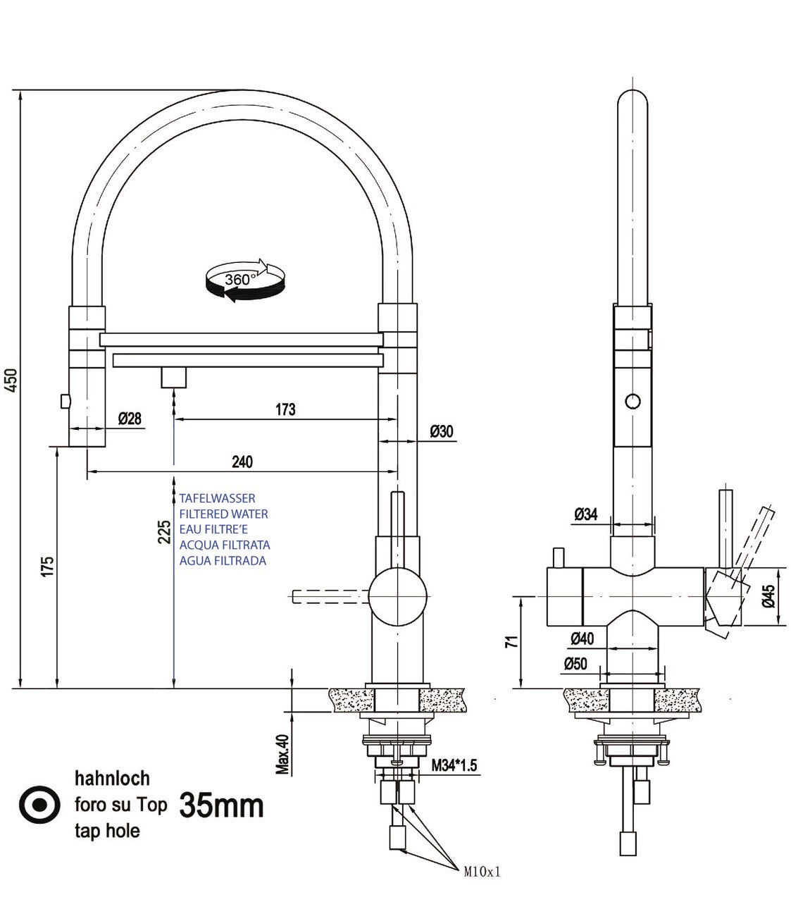 3 Way Kitchen Filter Tap in Solid STAINLESS STEEL, with 360° swivel spout and 2-jets removable Spray, Brushed / Gray - Short version 45CM