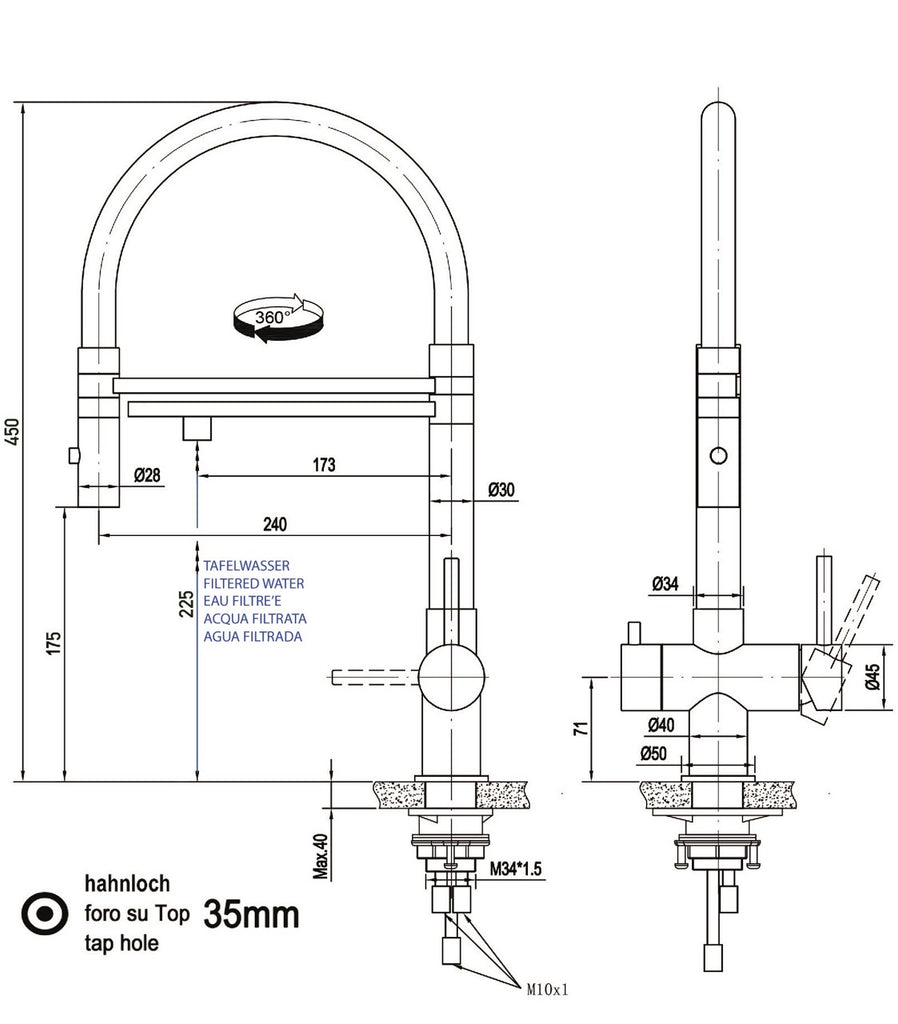 3 Way Kitchen Filter Tap in Solid STAINLESS STEEL, with 360° swivel spout and 2-jets removable Spray, Brushed / Gray - Short version 45CM