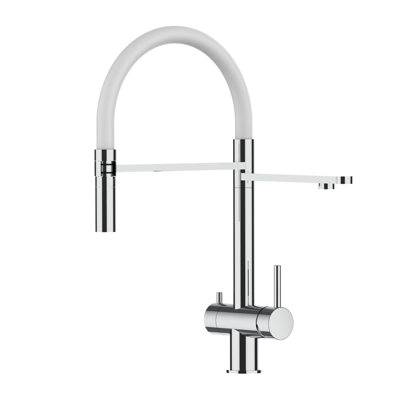 3 Way Kitchen Filter Tap in Solid STAINLESS STEEL, with 360° swivel spout and 2-jets removable Spray, Polished / White - Short version 45CM