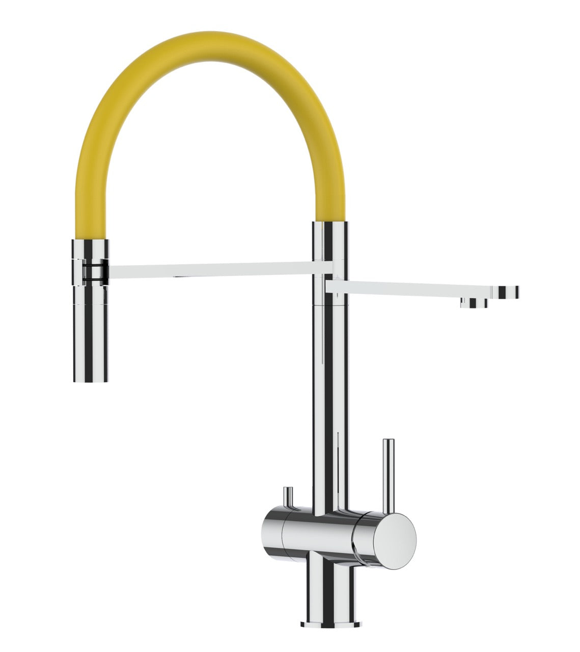 3 Way Kitchen Filter Tap in Solid STAINLESS STEEL, with 360° swivel spout and 2-jets removable Spray, Polished / Yellow - Short version 45CM