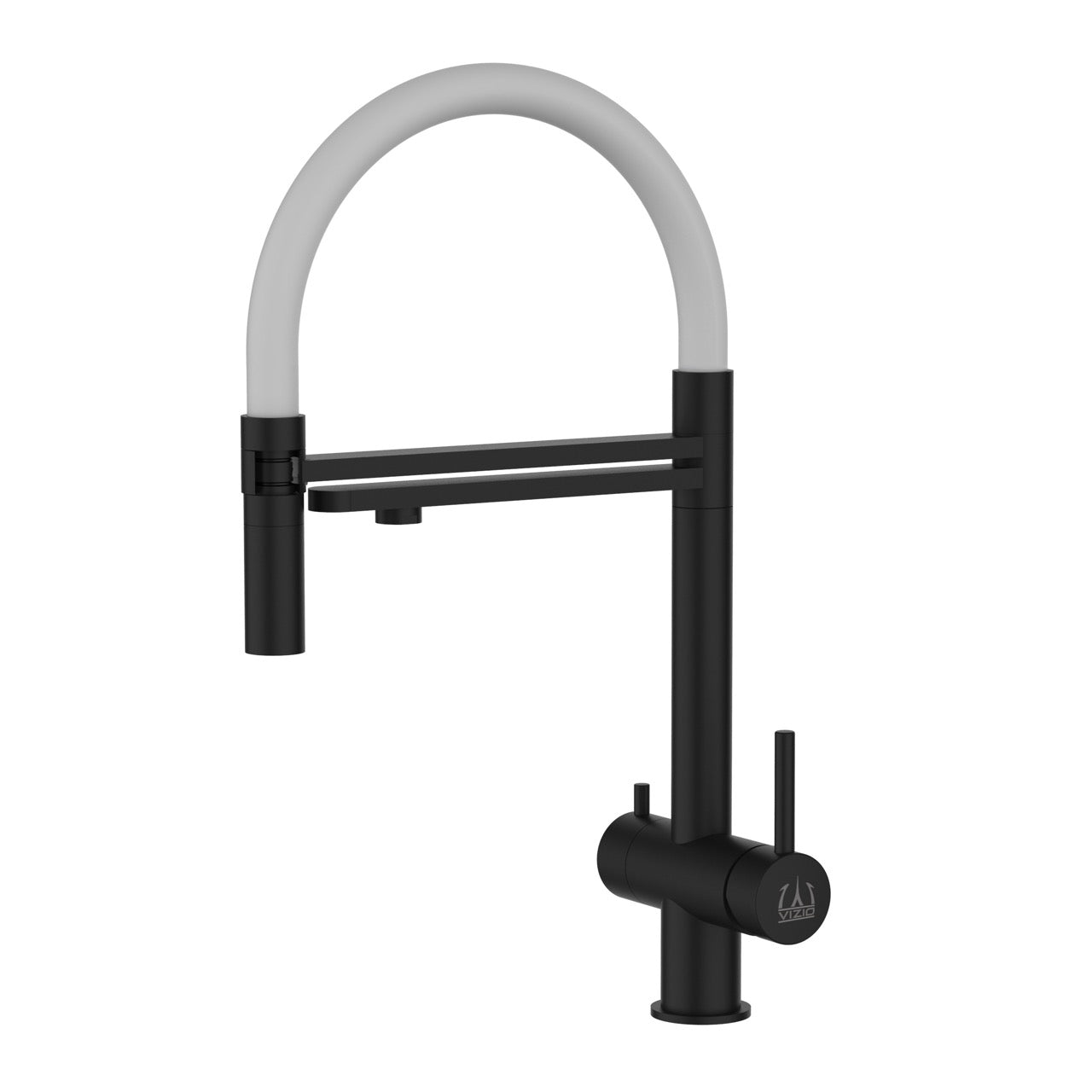 3 Way Kitchen Filter Tap in Solid STAINLESS STEEL, with 360° swivel spout and 2-jets removable Spray, Matt Black PVD / White - Short version 45CM