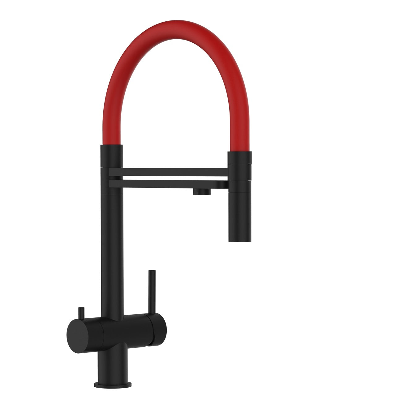 3 Way Kitchen Filter Tap in Solid STAINLESS STEEL, with 360° swivel spout and 2-jets removable Spray, Matt Black PVD / Red - Short version 45CM