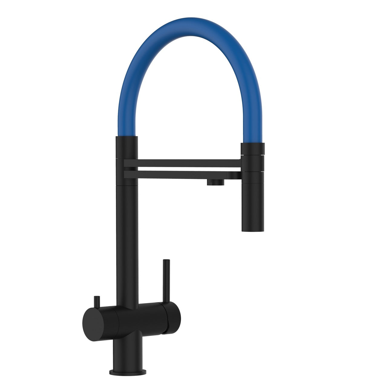 3 Way Kitchen Filter Tap in Solid STAINLESS STEEL, with 360° swivel spout and 2-jets removable Spray, Matt Black PVD / Blue - Short version 45CM