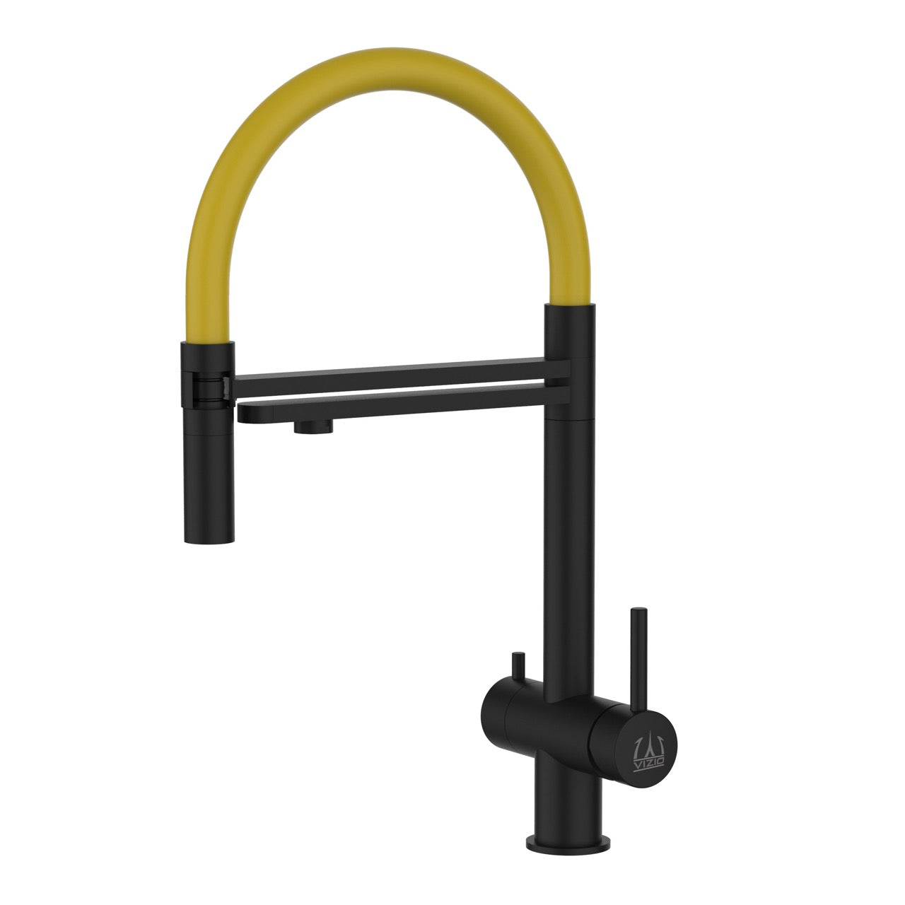 3 Way Kitchen Filter Tap in Solid STAINLESS STEEL, with 360° swivel spout and 2-jets removable Spray, Matt Black PVD / Yellow - Short version 45CM
