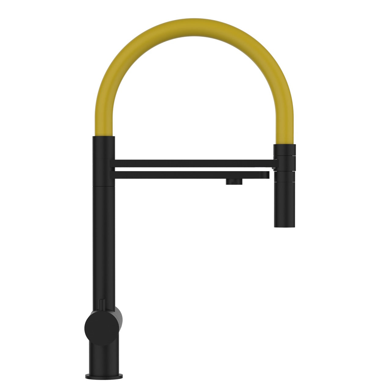 3 Way Kitchen Filter Tap in Solid STAINLESS STEEL, with 360° swivel spout and 2-jets removable Spray, Matt Black PVD / Yellow - Short version 45CM