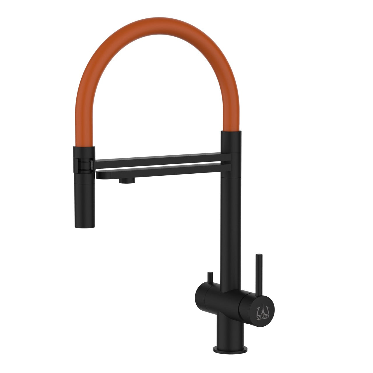 3 Way Kitchen Filter Tap in Solid STAINLESS STEEL, with 360° swivel spout and 2-jets removable Spray, Matt Black PVD / Orange - Short version 45CM