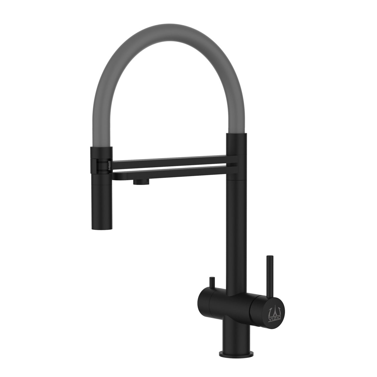 3 Way Kitchen Filter Tap in Solid STAINLESS STEEL, with 360° swivel spout and 2-jets removable Spray, Matt Black PVD / Gray - Short version 45CM
